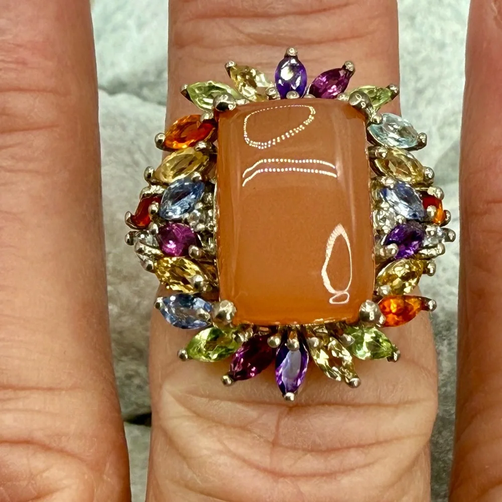 NWT Peach Moonstone & Multi-Gemstone Cocktail Ring 9.85 ctw Platinum Over 925 SS